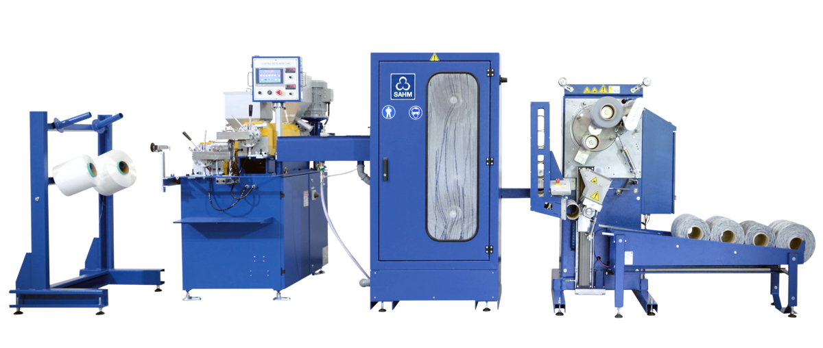 Complete process of a YarnStar 3+ coating line. Consisting of: Creel, extruder, cooling chamber, Automatic precision winding and bobbin change