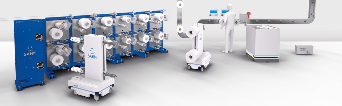 [Translate to 03 - Chinesisch:] Overview of a complete machine concept consisting of tube depot, SAHM winding machine and SAHM BoDo II.